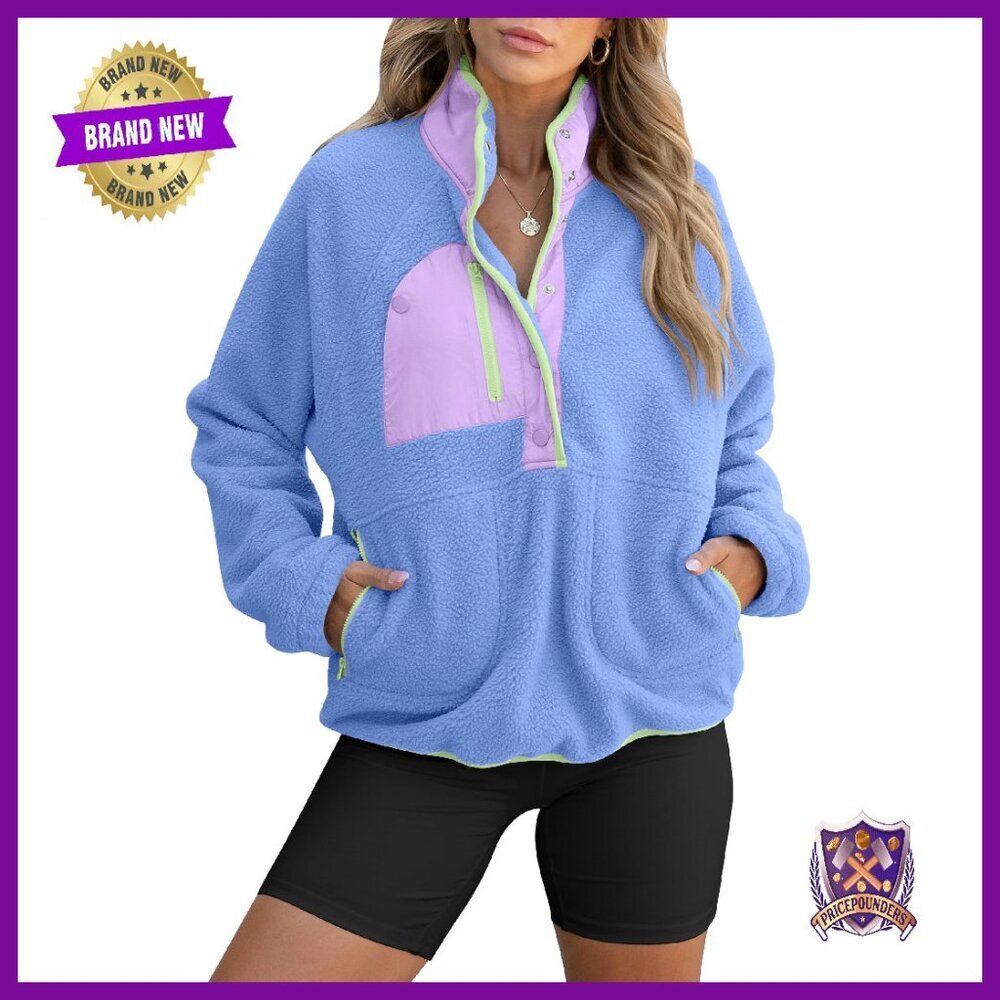 Fuzzy Fleece Pullover Sherpa Sweatshirt Button Down Jacket with Pockets